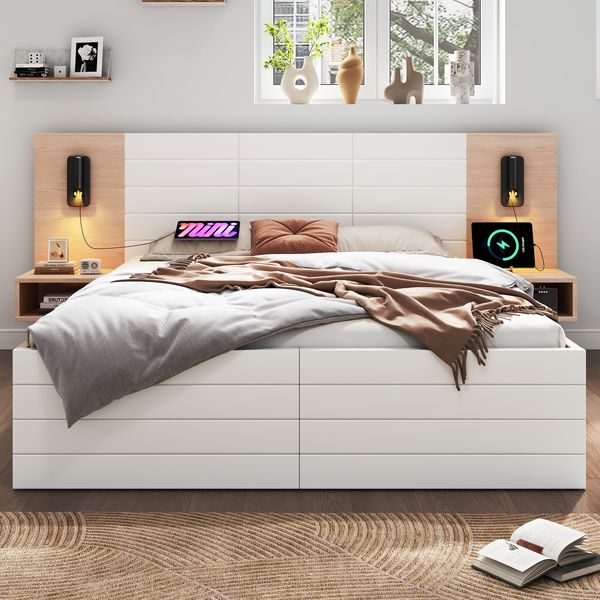 Polsterbett 160×200 cm aus Massivholz und MDF mit USB-Anschluss und Leselicht, weiß