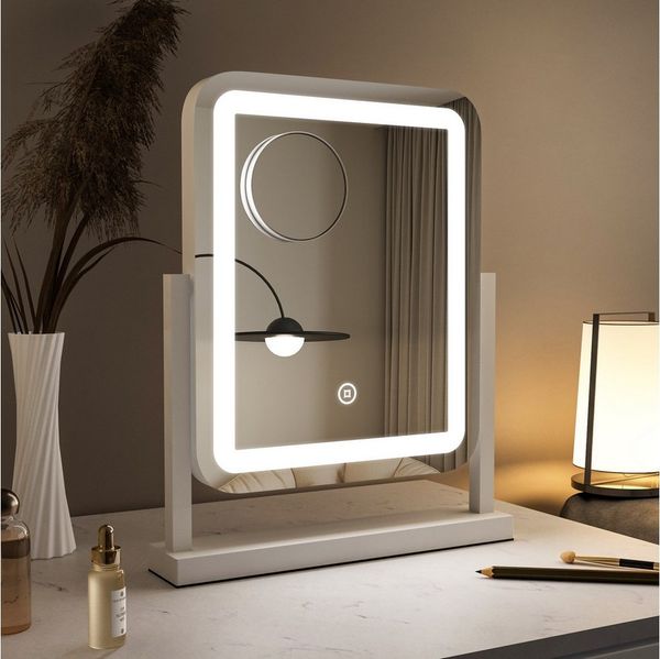 WDWRITTI Schminkspiegel mit Beleuchtung für tisch Kosmetikspiegel 3Lichtfarben Dimmbar Touch (Tischspiegel Rund Rundbogen Rechteckig, mit Touch, LED), HD Kupfer- und bleifreier Spiegel, Stabile Standfuß