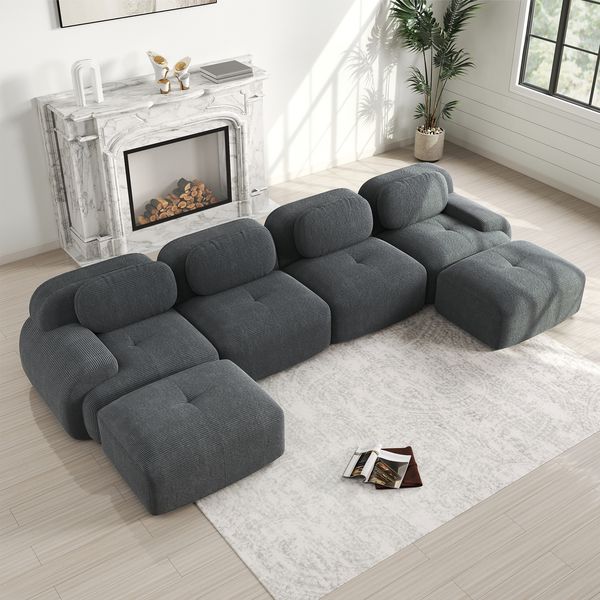 Modulares Ecksofa aus Cordstoff, rahmenlos & ohne Montage, 388 x 178 x 75 cm, Grau
