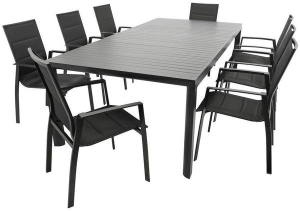 DEGAMO Garten-Essgruppe LAGOS XL, (9-tlg, 8x Stapelsessel, 1x Ausziehtisch), Alu anthrazit, Stapelsessel, Tisch mit Seitenauszug 195/255x120cm