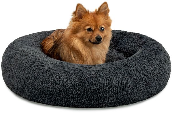 lionto Donut Hundebett, rundes Hundesofa mit Plüschbezug & Anti-Rutsch-Noppen, weich & gemütlich, 60 cm Durchmesser, dunkelgrau