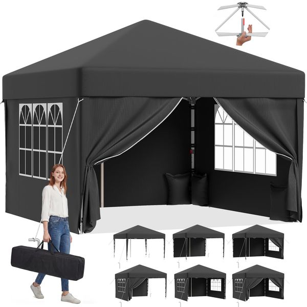 JUMMICO Pop up Pavillon 3x3 wasserdicht stabil Winterfest, One-Touch-Aufbau, Faltpavillon mit Seitenwänden, UV 50+, Shelter ideal für Garten, Innenhof, Camping und Partyzelte. Dunkelgrau