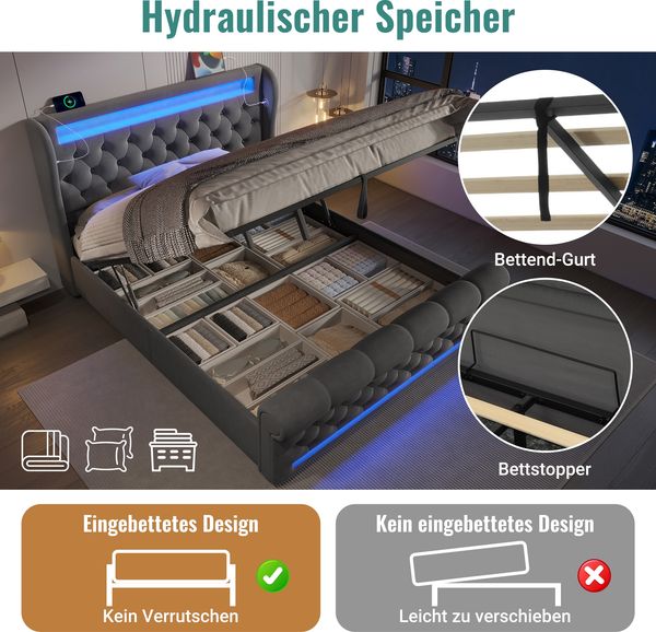 Polsterbett 160×200 cm mit LED, USB-C/USB, hydraulischem Bettkasten, Samt Grau, ohne Matratze Bild 8