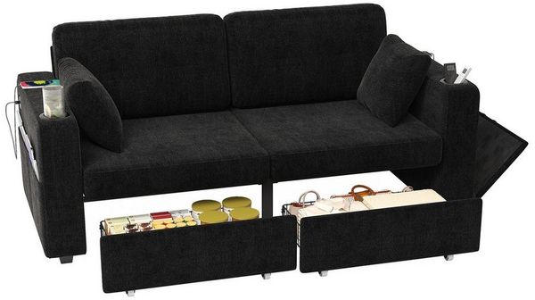BlingBin 2-Sitzer Sofa mit Stauraum & USB, Couch modern mit Getränkehalter, 1er Set 1 Teile, mit versteckten Staufächern. Geeignet für Wohnzimmer, Wohnungen