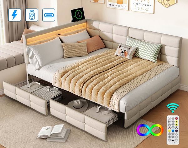 ADWOLT Schlafsofa Daybett Polsterbett Mit LED-Licht und USB-Anschluss, Set 1 Teile, 140x200 cm,Mit 2 Schubladen,Leinenstoff-Beige