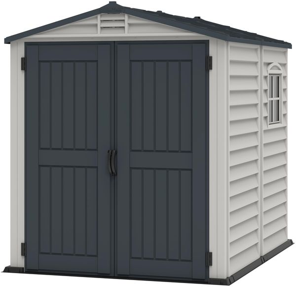 Duramax StoreMate PLUS 6x6 (3.65 m²) Kunststoff gerätehaus mit robustem Kunststoffboden und 1 festen Fenster, robuste Metalldachkonstruktion, feuerhemmend und wartungsfrei, Dunkelgrau & Adobe