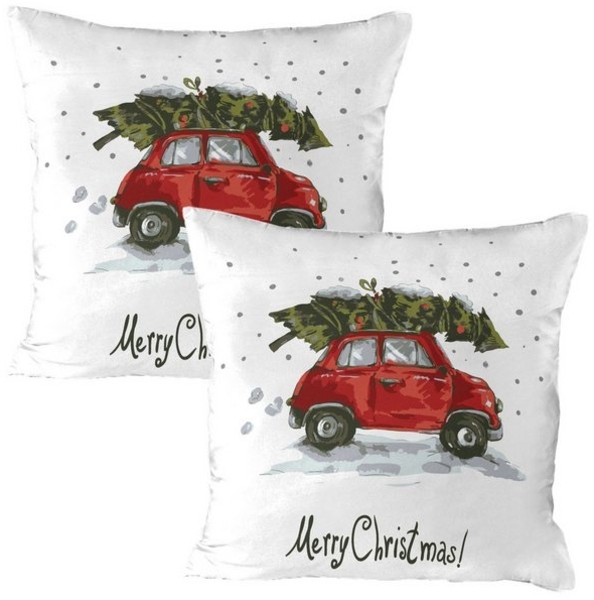 Abakuhaus Kissenbezüge Dekorativer Standard Gedruckter Kissenbezug, (2 Stück), Weihnachten Retro-Auto mit Baum Bild 3