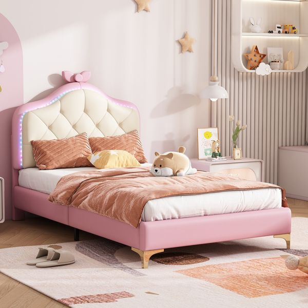Merax Polsterbett, 90x200cm Einzelbett, Wellenform mit Zugpunkt am Kopfende des Bettes, mit mehrfarbigen, wechselnden LED-Streifen, Kinderbett mit Holzlatten, Einzelbett, PU, rosa
