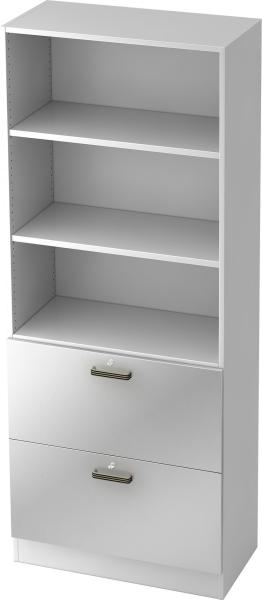 bümö office Aktenschrank mit Hängeregister-Schubladen abschließbar, Büroschrank Holz, 80cm breit in Weiß/Silber - Hängeregistratur für Hängeordner, Büro Schrank mit Relinggriffen, 7300-W-S-SG