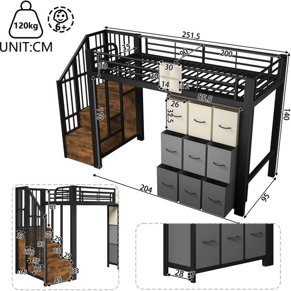 Hochbett, 90×200 cm, Metall, mit Schubladen, Kleiderstange, Geländer, Treppe mit Stauraum, ohne Matratze,Schwarz Bild 9