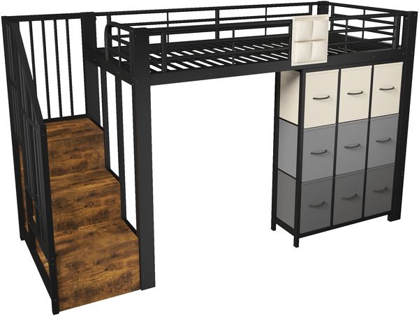 Hochbett, 90×200 cm, Metall, mit Schubladen, Kleiderstange, Geländer, Treppe mit Stauraum, ohne Matratze,Schwarz Bild 10