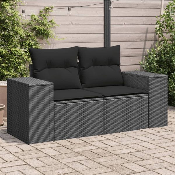 vidaXL Gartensofa mit Kissen 2-Sitzer Schwarz Poly Rattan 365992