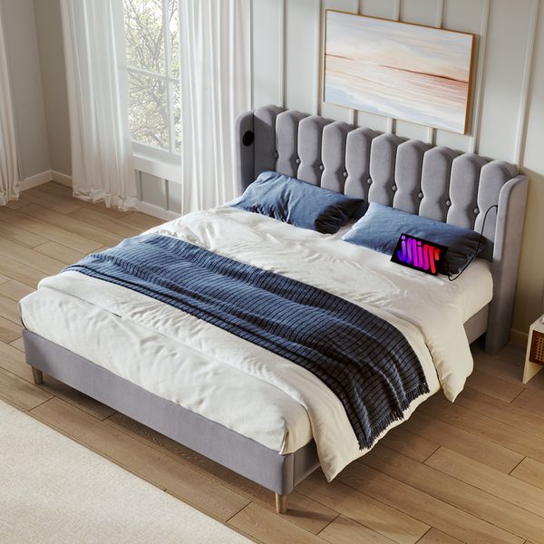 Polsterbett 180×200 cm aus Leinen-Stoff mit USB- und Typ-C-Ladefunktion, grau