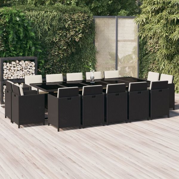 vidaXL 15-tlg. Garten-Essgruppe mit Kissen Poly Rattan Schwarz 3095586