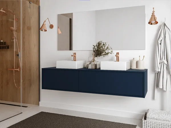 Vente-unique - ISAURE Waschbeckenmöbel Holz, Platte Blau - B 47 cm x H 32 cm x L 150 cm