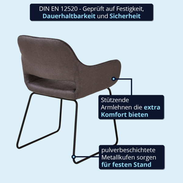 KHG 6er Set Esszimmerstuhl Polsterstuhl mit Armlehnen Grau Industrial Look - Kufenstuhl Armlehnstuhl (BHT) 56 x 82 x 59 cm - Mikrofaser in Lederoptik perfekt für Esszimmer Küche Büro Bild 5