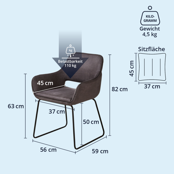 KHG 6er Set Esszimmerstuhl Polsterstuhl mit Armlehnen Grau Industrial Look - Kufenstuhl Armlehnstuhl (BHT) 56 x 82 x 59 cm - Mikrofaser in Lederoptik perfekt für Esszimmer Küche Büro Bild 7