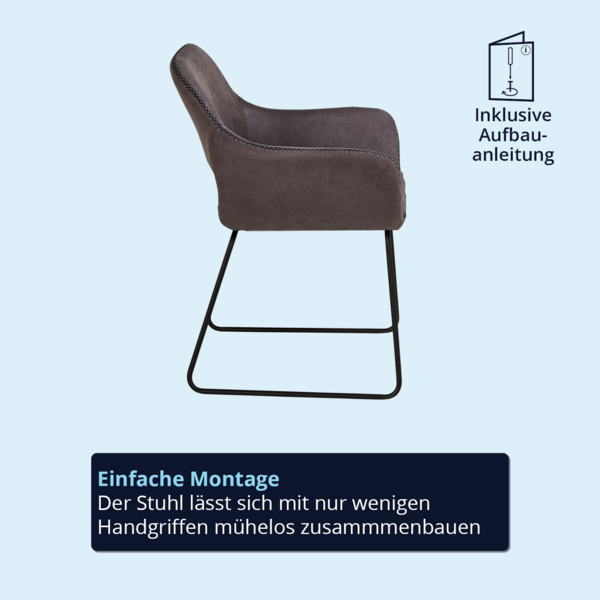 KHG 6er Set Esszimmerstuhl Polsterstuhl mit Armlehnen Grau Industrial Look - Kufenstuhl Armlehnstuhl (BHT) 56 x 82 x 59 cm - Mikrofaser in Lederoptik perfekt für Esszimmer Küche Büro Bild 6