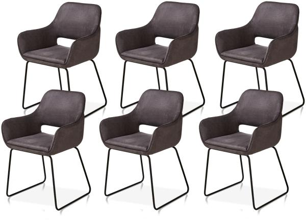 KHG 6er Set Esszimmerstuhl Polsterstuhl mit Armlehnen Grau Industrial Look - Kufenstuhl Armlehnstuhl (BHT) 56 x 82 x 59 cm - Mikrofaser in Lederoptik perfekt für Esszimmer Küche Büro Bild 1