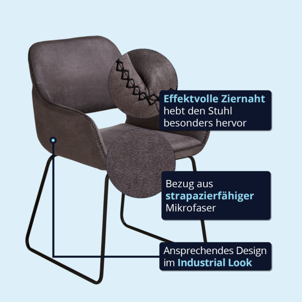 KHG 6er Set Esszimmerstuhl Polsterstuhl mit Armlehnen Grau Industrial Look - Kufenstuhl Armlehnstuhl (BHT) 56 x 82 x 59 cm - Mikrofaser in Lederoptik perfekt für Esszimmer Küche Büro Bild 4