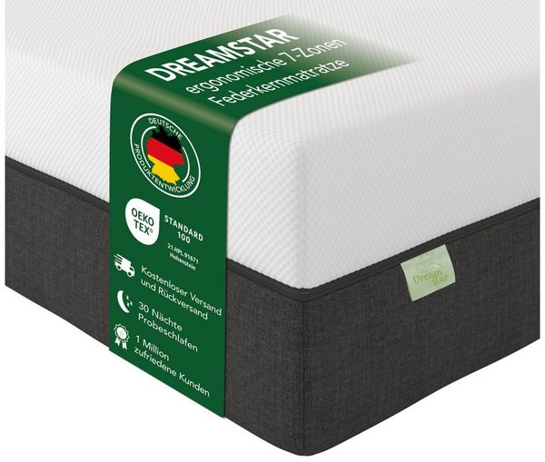Taschenfederkernmatratze Premium, ergonomische 7-Zonen Federkernmatratze, H2/H3/H4, Dreamstar, 22 cm hoch, fester Liegekomfort für jede Schlafposition - atmungsaktiv