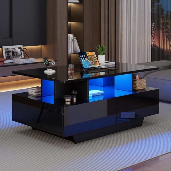 MODFU Couchtisch hochglanz Sofatisch mit LED-Beleuchtung (Hochglanz-Wohnzimmetisch, Beistelltisch mit versteckem Stauraum, 1-St, 2 Schubladen), mit LED-Beleuchtung