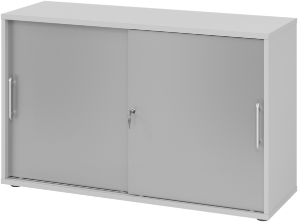 bümö Schiebetürenschrank 2OH - Aktenschrank abschließbar, Sideboard Schrank mit Schiebetüren in Grau/Silber, Relinggriff - Büroschrank aus Holz mit Schiebetür, Büro Kommode für Ordner & Co, 1752S-5-S-RE