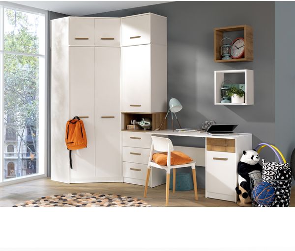 Marmex Möbel Grant Set-11N Jugendzimmer Komplett-Set 7-teilig mit Eckkleiderschrank, Kinderzimmermöbel mit Schreibtisch, laminierte Spanplatte, weiß+riviera Eiche