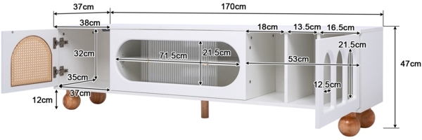 TV-Möbel, TV-Möbel mit Rattan-ähnlicher Tür,170×47×37 cm, Weiß und Holzfarbe,modernes Design, viel Stauraum Bild 3