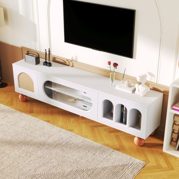 TV-Möbel, TV-Möbel mit Rattan-ähnlicher Tür,170×47×37 cm, Weiß und Holzfarbe,modernes Design, viel Stauraum Bild 8