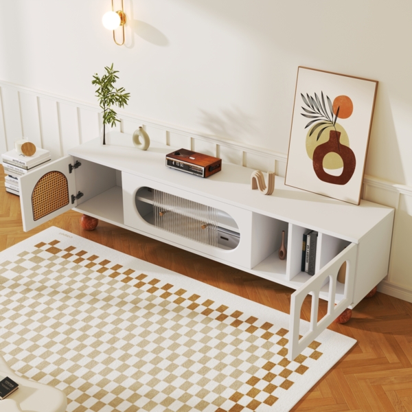 TV-Möbel, TV-Möbel mit Rattan-ähnlicher Tür,170×47×37 cm, Weiß und Holzfarbe,modernes Design, viel Stauraum Bild 4