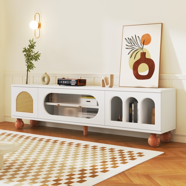 TV-Möbel, TV-Möbel mit Rattan-ähnlicher Tür,170×47×37 cm, Weiß und Holzfarbe,modernes Design, viel Stauraum Bild 5