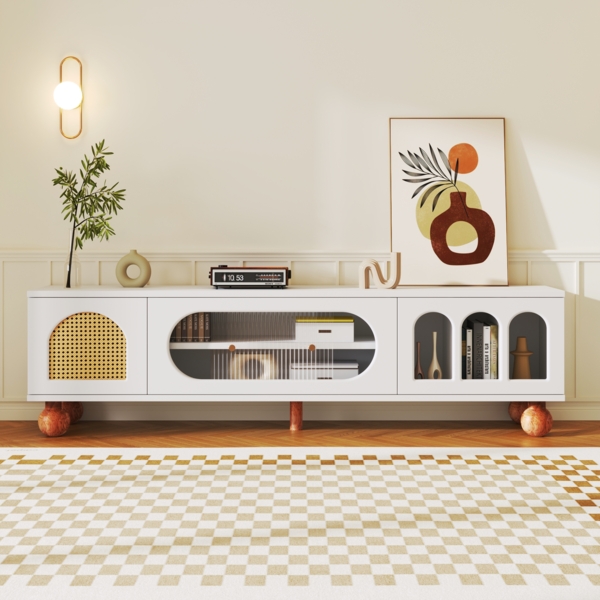 TV-Möbel, TV-Möbel mit Rattan-ähnlicher Tür,170×47×37 cm, Weiß und Holzfarbe,modernes Design, viel Stauraum Bild 1