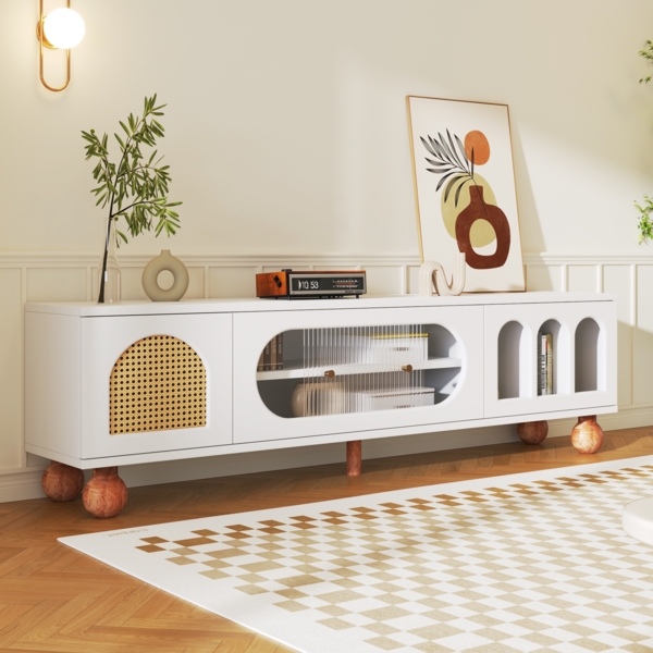 TV-Möbel, TV-Möbel mit Rattan-ähnlicher Tür,170×47×37 cm, Weiß und Holzfarbe,modernes Design, viel Stauraum Bild 7