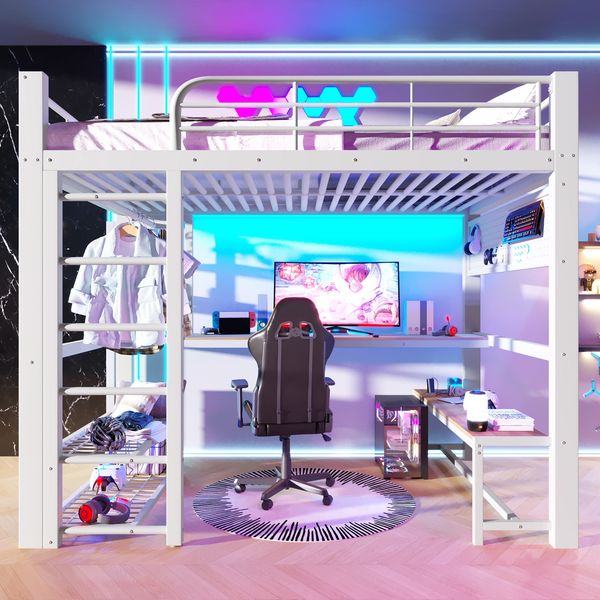 Hochbett,140×200cm, Metall, Gitter zum Aufhängen von Gegenständen, mit LED-Lichtleiste, Treppenkonstruktionen mit Stauraum, Ohne Matratze, Weiß