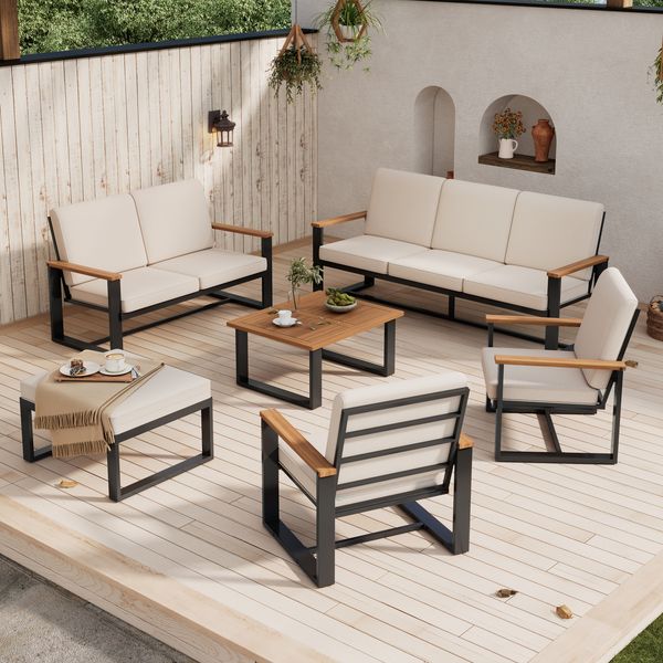 Merax Garten lounge set für 8 Personen, 6-tlg, Gartenmöbelset mit Tischen, Gartensofa mit Kissen, Balkonmöbel Set, Gartengarnitur Sitzgruppe Terasse, beige