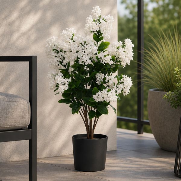 Künstlicher Flieder HWC-Q87, Kunstflieder Dekopflanze Kunstbaum Kunstpflanze, Outdoor Polyethylen 64x35x35cm ~ weiß