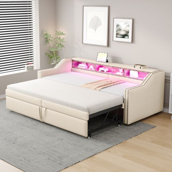 Merax Polsterbett, Doppelbett, Ausziehbares Schlafsofa 90/180 x 200 cm, Multifunktionales Staufach, LED-Licht und USB-Buchse, mit Lattenrost, Beige