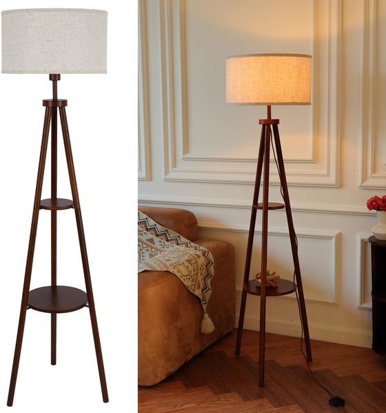LuminexDesigns Tripod Stehlampe Holz mit Ablage, Vintage Rustic Stehleuchte Retro in Walnuss mit Stoffschirm, Fußschalter, Hoch 154cm, E27 Eckelampe für Wohnzimmer, Schlafzimmer, Leseecke