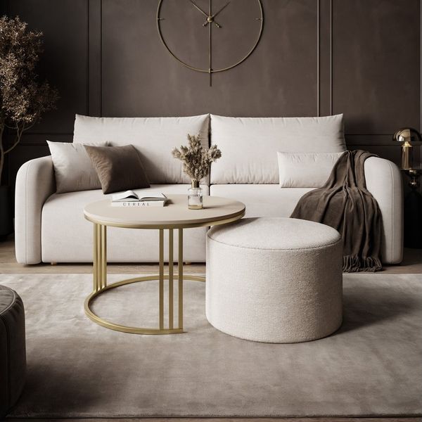 Lookway Couchtisch LORI MATT mit Hocker auf einem gebürsteten goldenen Gestell (1 Tisch mit Hocker), Durchmesser: ⌀70 cm