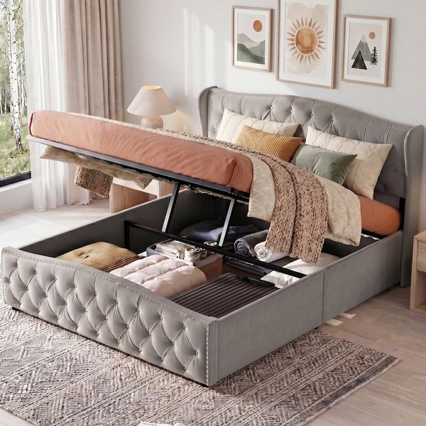 ADWOLT Polsterbett Doppelbett Stauraumbett mit Samtstoff-Bezug, Bett mit Bettkasten, 160x200 cm,wahlweise in 2 GröBen und 2 Farben,grau