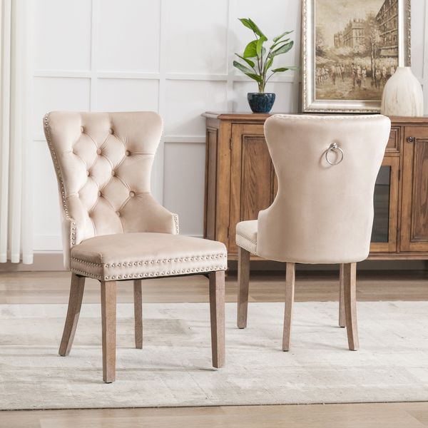 Essstuhl, Gesamthöhe 95 cm, Bezug Samt Beige, Massivholzbeine mit Retro-Zugschlaufe und silbernen Zierknöpfen，53.5*64*95 cm，2er-Set