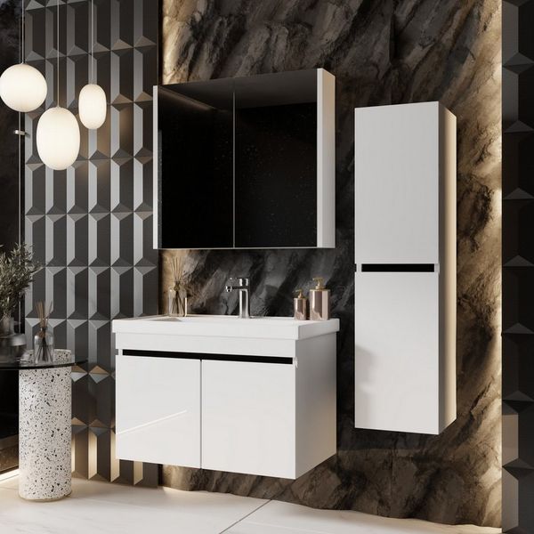 Karen Badmöbel-Set Badmöbel Set Venus, (Komplett-Set, Standartmäßig 3-Teilig (Unterschrank, Spiegelschrank, Waschbecken), Optionaler Hochschrank, 3-St, Unterschrank mit Türen, Spiegelschrank mit Türen & Regalen), Futuristisches Design, Highgloss-Beschi...