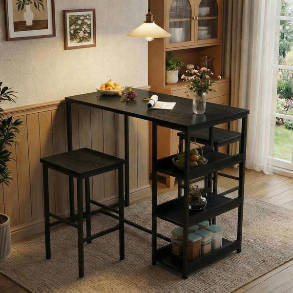 Essgruppe Mit 2 Barhockern & Aufbewahrungsregal | 3-Tlg. Esstisch Set Aus Eisen Und Holz Für Kleine Küchen & Apartments | Küchentisch Mit Ablagefächern, Platzsparendes Esstisch Set Für Beengte Räume