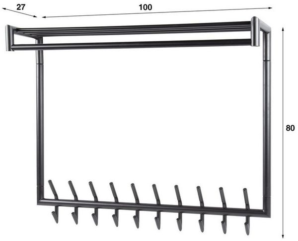 Garderobe Rore aus pulverbeschichtetem Metall, modern industriell, dunkelgrau, mit Hutablage, 20 Haken und Stange