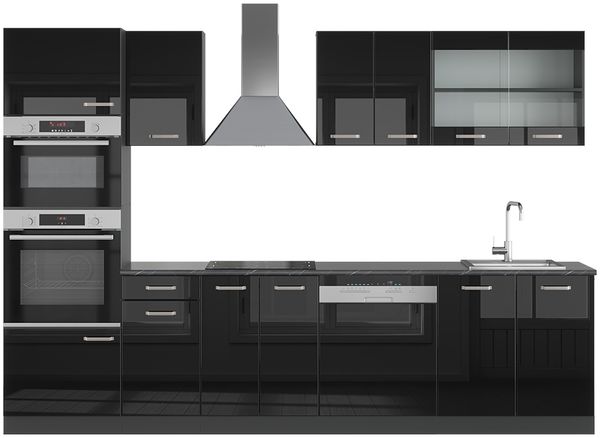 Küchenzeile R-Line Schwarz Hochglanz/Anthrazit 300 cm mit Hochschrank, ohne Arbeitsplatte Vicco