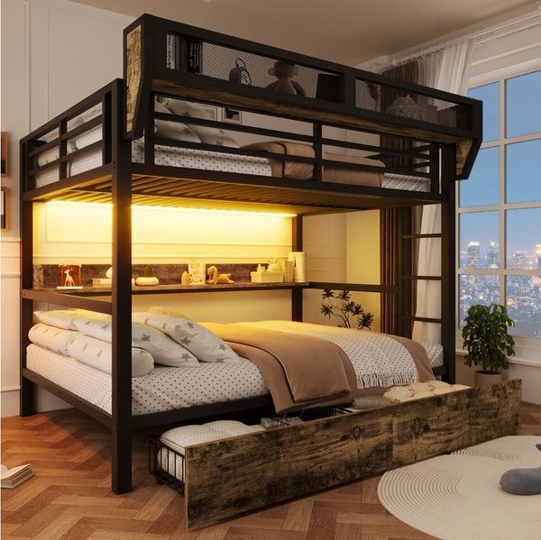 REDOM Etagenbett mit LED-Licht und Stauraum, Metallbett mit Schubladen & Regal (mit Aufbewahrungskorb, Kinderbett Metallbett, Jugendbett 140x200 cm), ohne Matratze