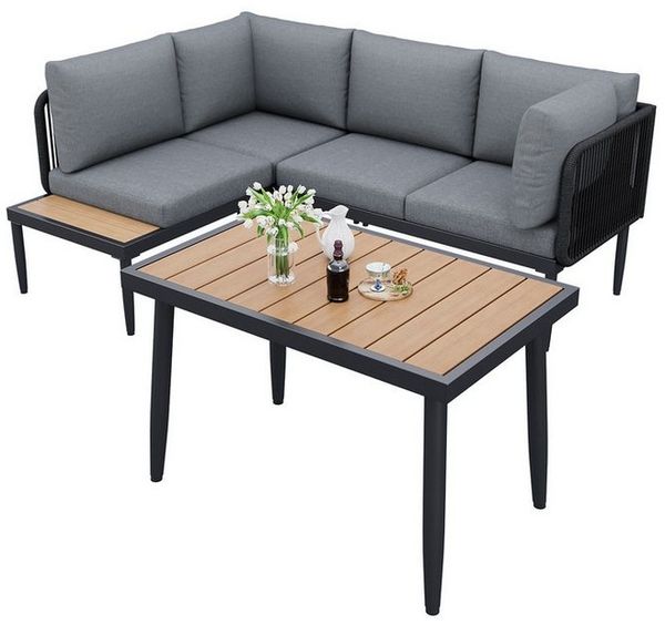 MODFU Gartenlounge-Set Outdoor-Möbelset, (Garten-Lounge-Set, Gartenmöbel-Set, Outdoor-Sofa-Set, Balkonset, 3-tlg, Ecksofa + Esstisch, Ecke), verzinktes Stahlrohr, Tischplatte Kunststoff Holz