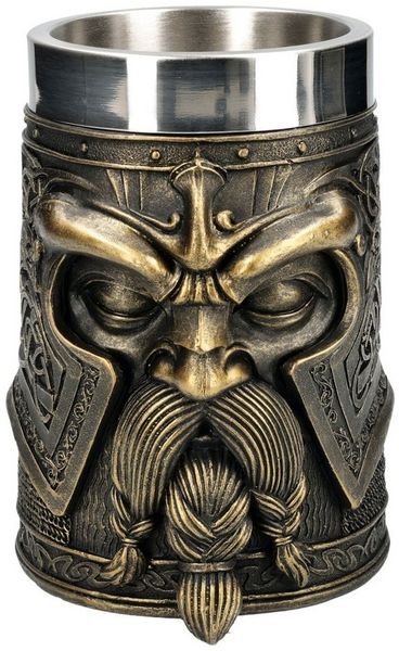 Figuren Shop GmbH Bierkrug Wikinger Krug Odin – Götter Kelch Fantasy Becher 500 ml Bierkrug Deko, Kunststein (Polyresin), Edelstahl