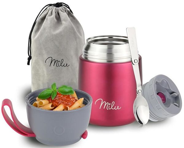 Milu Thermobehälter Edelstahl Thermobehälter Lunchbox 450 ml, Warmhaltebehälter mit Löffel, Thermobecher, auslaufsicher